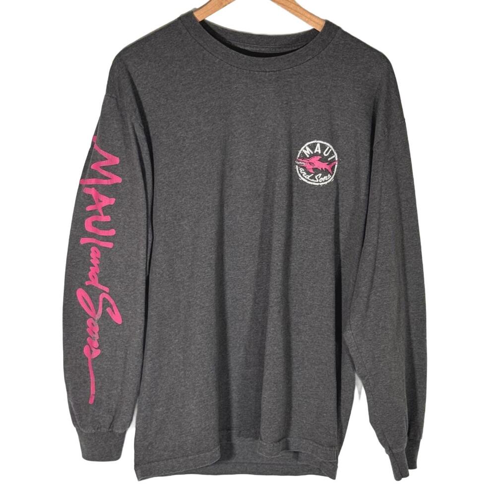 Maui and‎ Sons Classic Shark Long Sleeve Graphic Tee Grey Pink Large